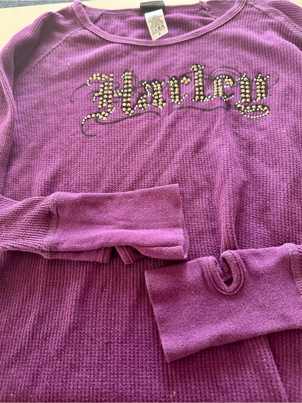 Harley-Davidson Purple Waffle Knit Top with Rhinestone Script